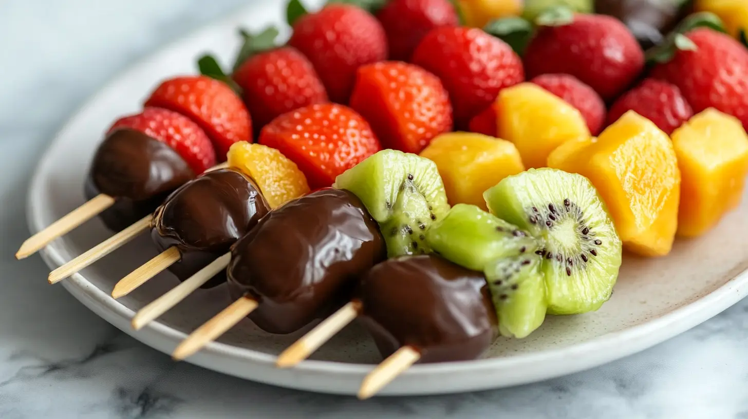 Chocolate-dipped fruit skewers for brunch platters