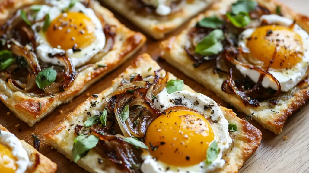 Brunch tarts with goat cheese and caramelized onions