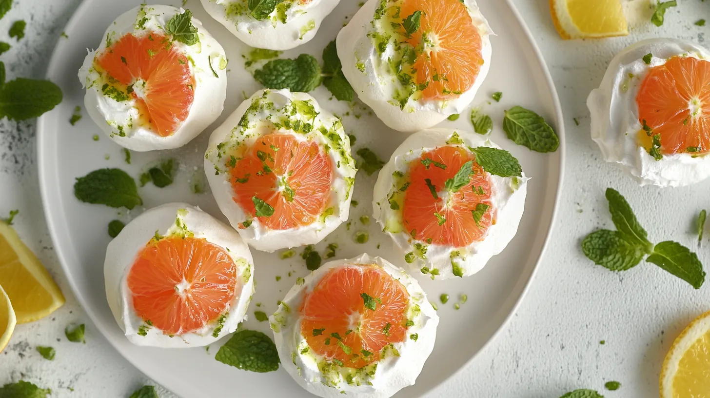 Mini pavlovas topped with citrus and mint