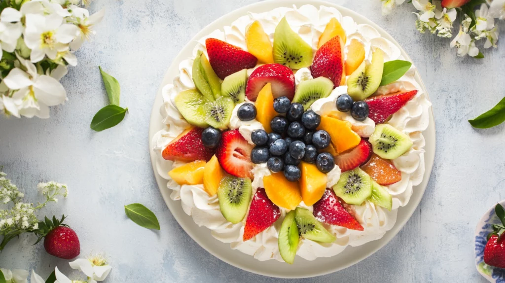 Tropical fruit pavlova for a light brunch dessert