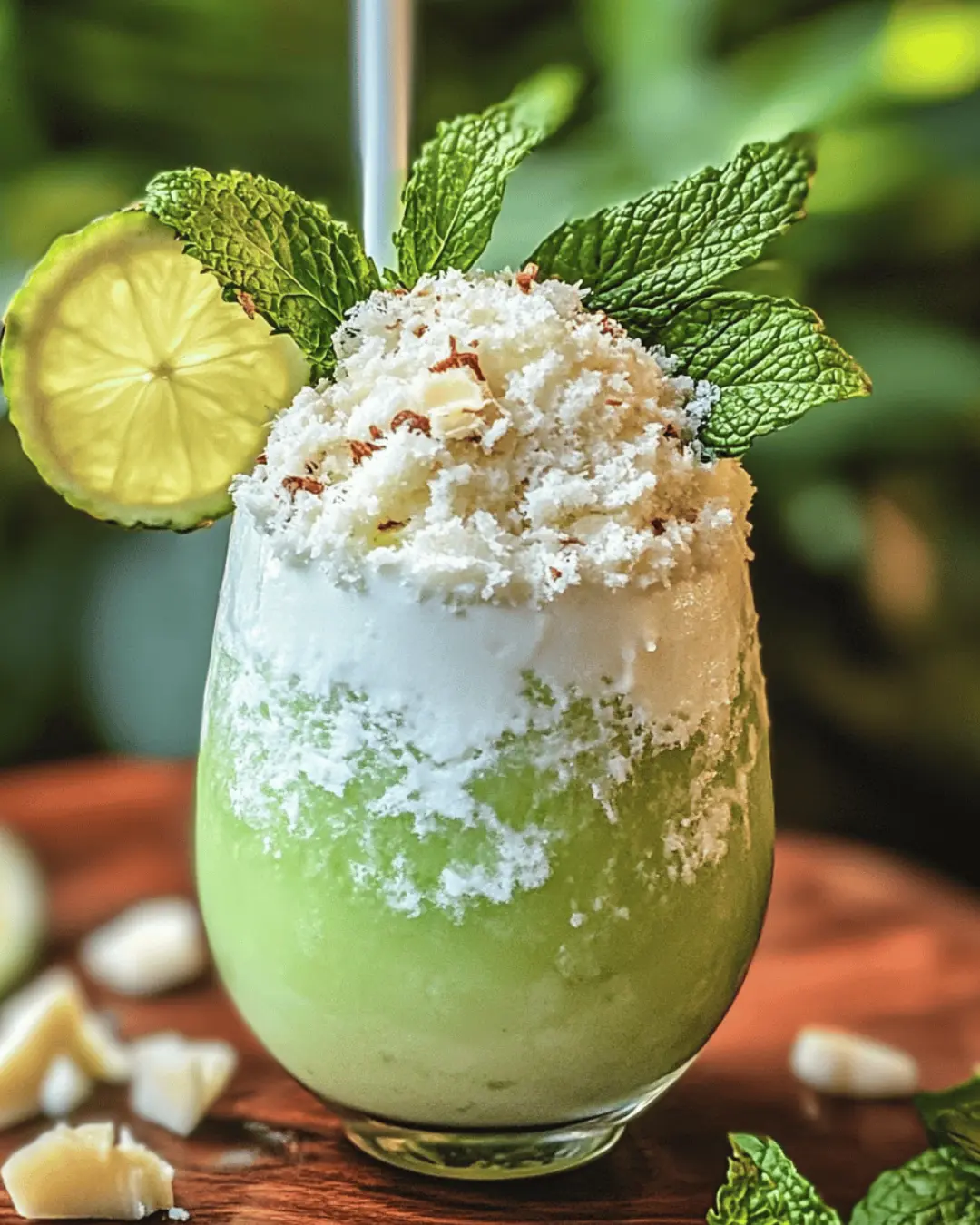 FROSTED COCONUT MOJITO WITH WHITE CHOCOLATE PEPPERMINT DRIZZLE