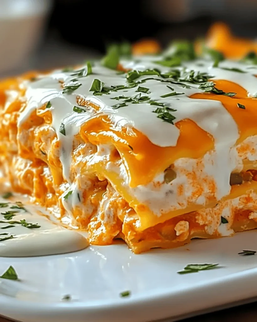 CHEESY BUFFALO CHICKEN LASAGNA WITH RANCH DRIZZLE