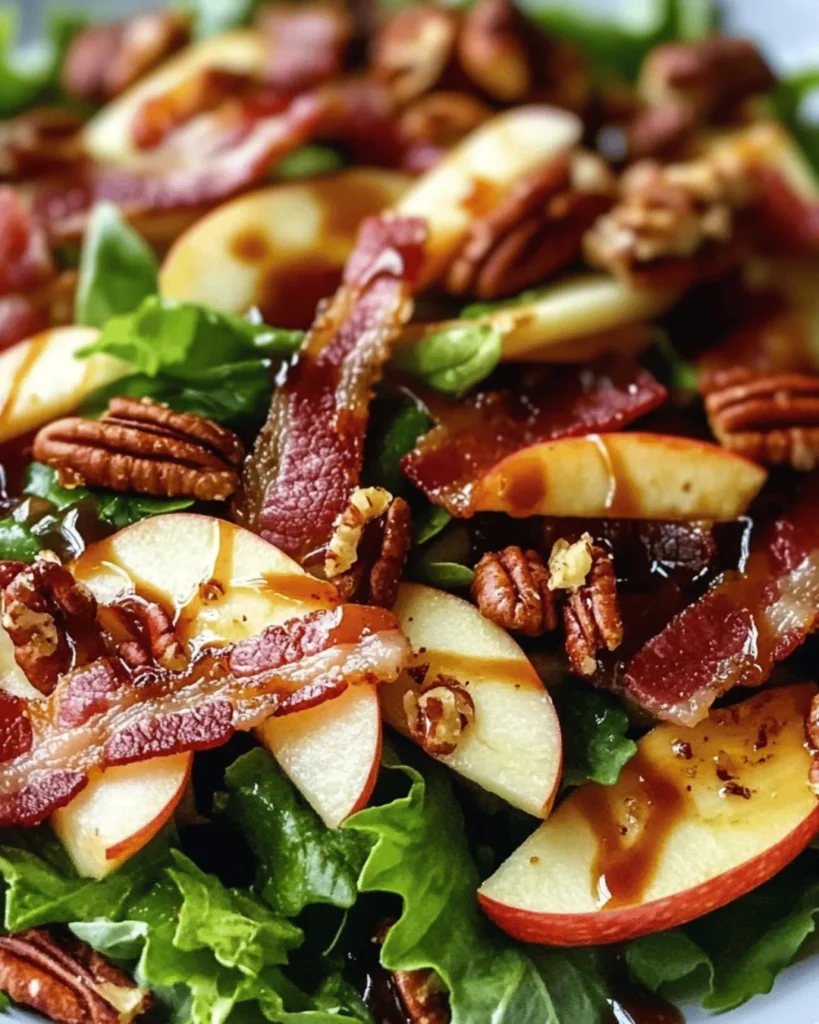 CARAMELIZED APPLE PECAN CRISPY BACON SALAD WITH CIDER MAPLE DRIZZLE