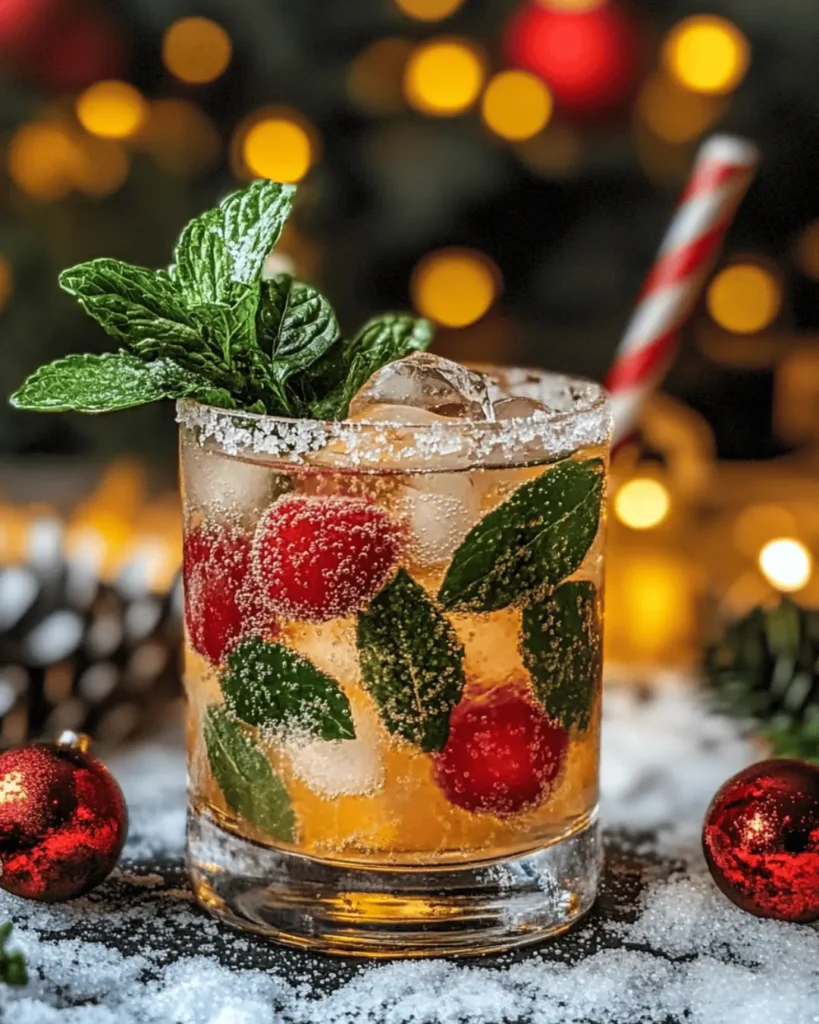 FESTIVE HOLIDAY VODKA MOJITO WITH SUGARED MINT LEAVES