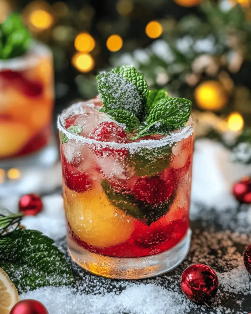 FESTIVE HOLIDAY VODKA MOJITO WITH SUGARED MINT LEAVES