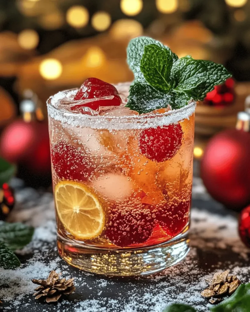 FESTIVE HOLIDAY VODKA MOJITO WITH SUGARED MINT LEAVES